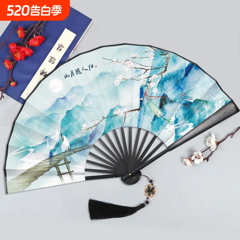 古风10寸插画扇子折扇中国风流苏吊坠汉服马面裙配饰随身男生霸气