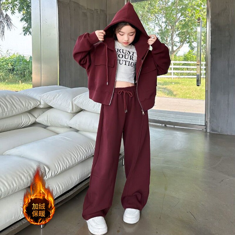 女童加绒套装2026新款儿童洋气穿搭秋冬季开衫卫衣卫裤两件套红色