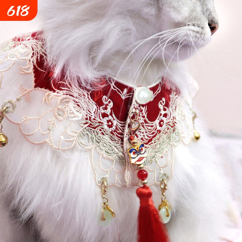 猫咪汉服配饰云肩红领薄翼刺绣宠物服饰古风配饰狗狗围兜吊坠围脖