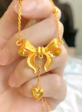 金店同款古法沙金鎏金流苏双生花项链桃花AB链锁骨链精致礼蝴蝶结