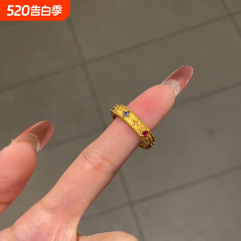 黄金色中古风拉丝彩宝八芒星戒指女款复古多宝点钻星芒指环仿婚戒