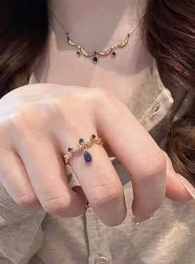 韩国新款蓝色水滴显白项链开口戒指套装轻奢小众设计气质高级感女