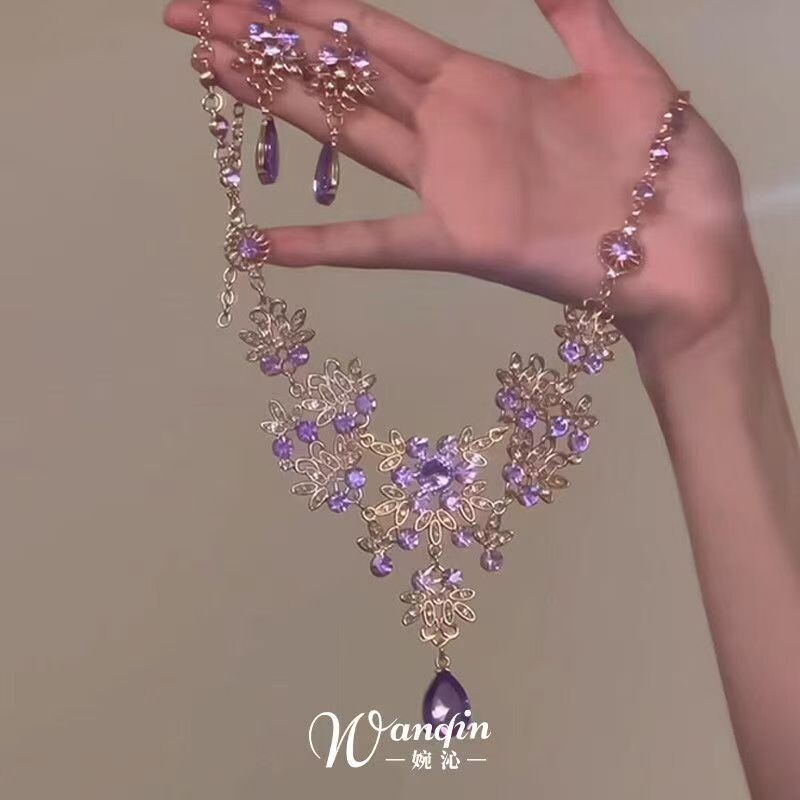 「紫罗兰」法式紫色蕾丝水滴项链复古千金感气质锁骨链配裙子耳钉