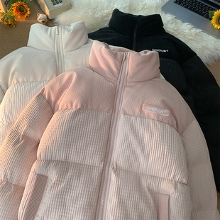 户外冬季短款羽绒服情侣装面包服拼接立领灯芯绒外套男生黑色白色