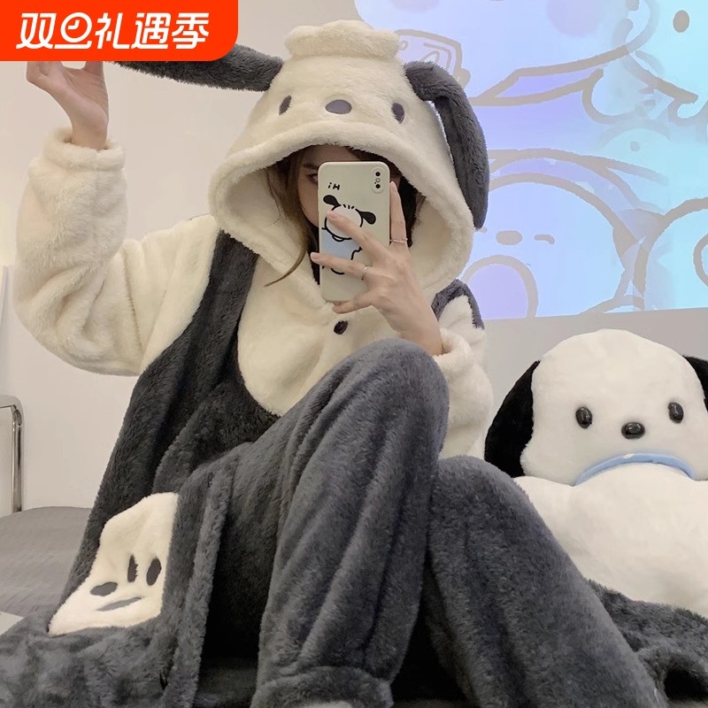情侣睡衣女秋冬季2025新款珊瑚绒加绒加厚帕恰狗可爱男士大码睡袍