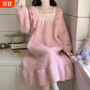 珊瑚绒睡裙女秋冬季 加绒加厚甜美公主风睡衣女士冬天半边绒家居服