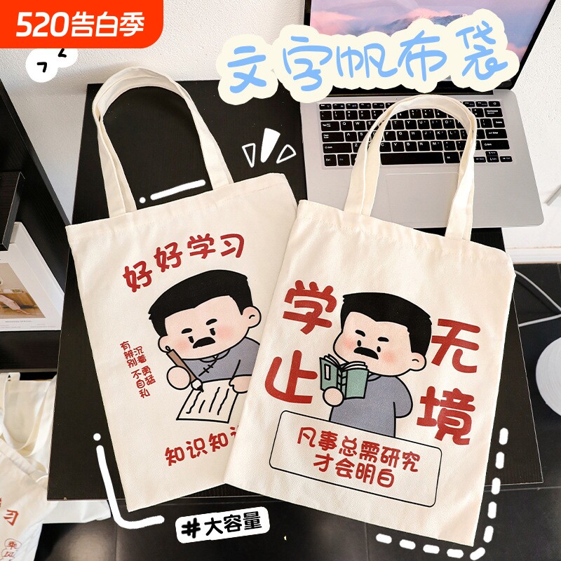 励志文字帆布包学生文艺收纳单肩包大容量书包补习袋手提帆布袋