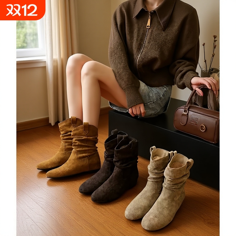 内增高勃肯小短靴子女2025新款夏秋配裙子堆堆靴切尔西瘦瘦靴尖头