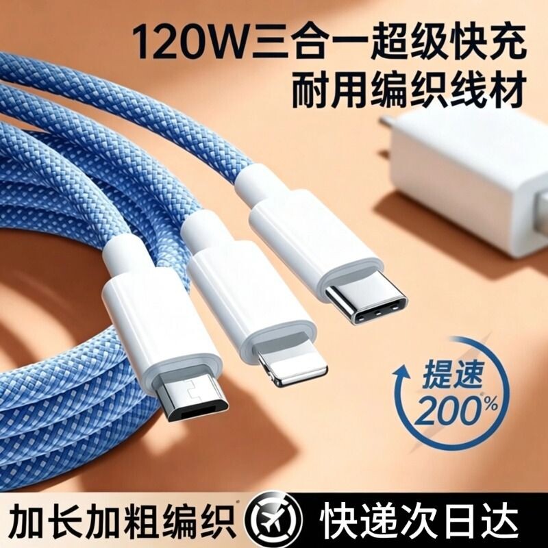 三合一120W快充正品充电器数据线一拖三车载套装适用苹果手机USB插头耳机接口三口无线闪充编织加长多合一图片