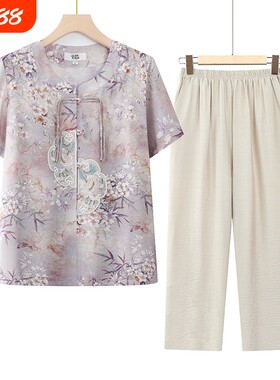 夏天夏装女国风套装妈妈短袖衬衫老人衣服奶奶中老年人两件套上衣