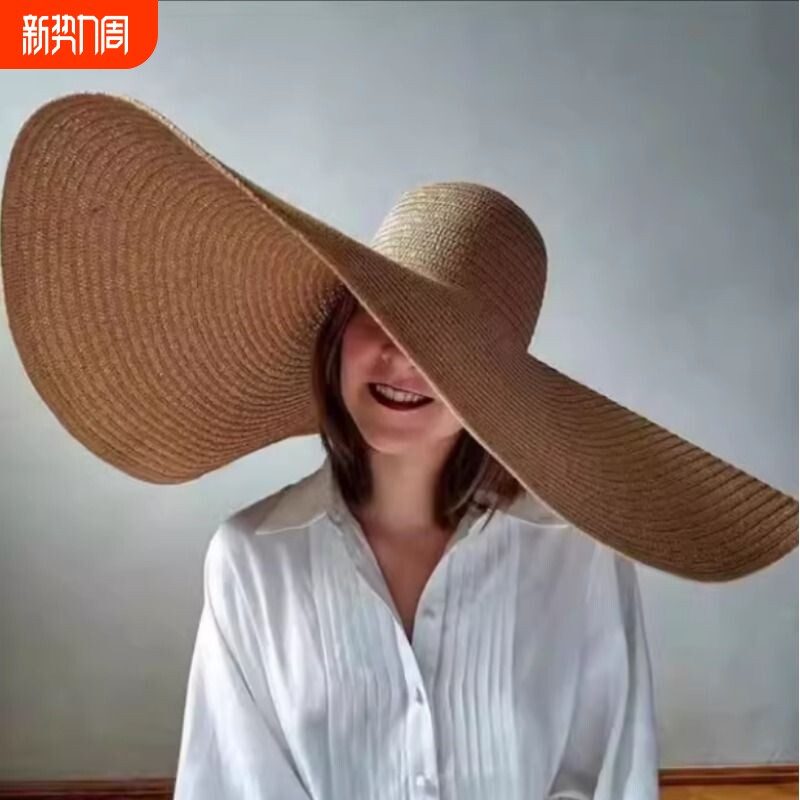帽子女超大帽檐草编草帽海边沙滩帽遮脸遮阳帽夏季防晒太阳帽