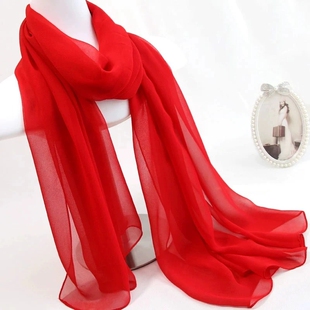 纯色大红丝巾乔其纱长款纱巾百搭舞蹈沙滩巾春秋薄款围巾女长方形