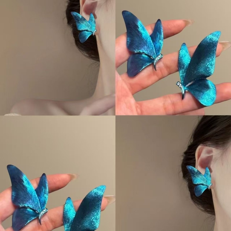 「暗夜精灵」森系超仙蝴蝶爆闪耳钉高级感精致耳环渐变蓝冰耳饰品