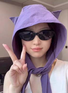 日系小恶魔速干绑带防晒帽子女夏季薄款巴拉克拉法帽大头围潮黑色