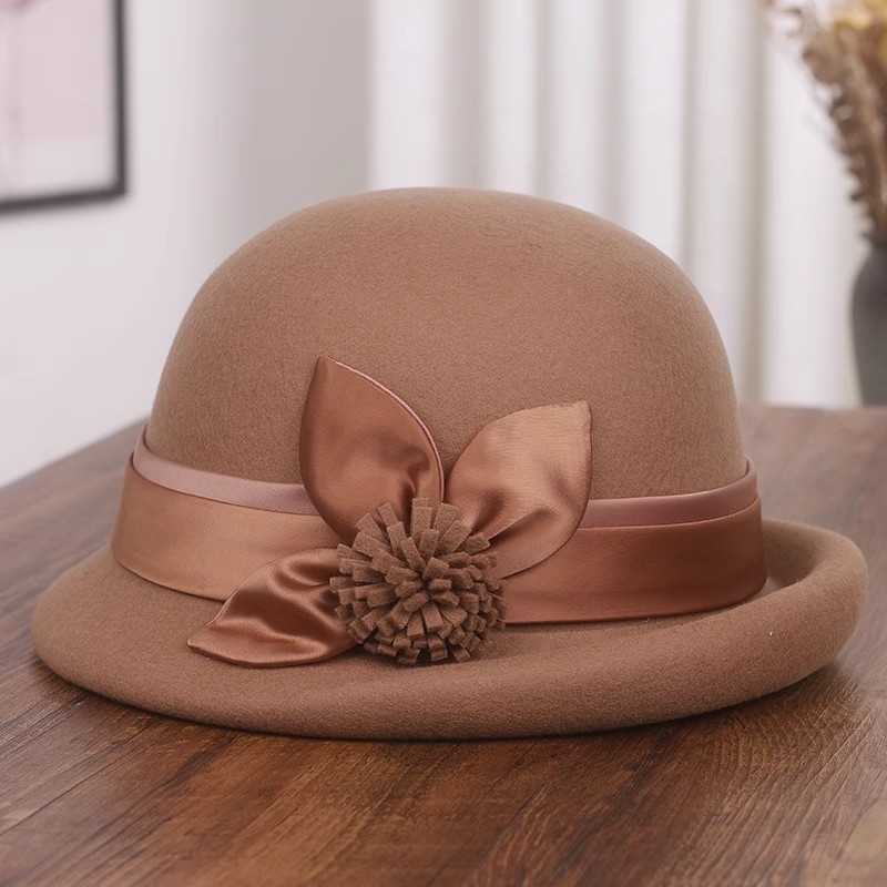 秋冬新款纯羊毛卷边礼帽女士毛呢盆帽时尚保暖渔夫帽白色红色花朵
