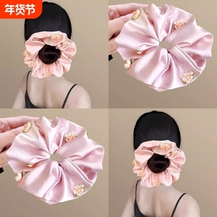 油画暮云紫温柔缎面珍珠缀花大肠发圈超K好看的头花发圈旅行皮筋