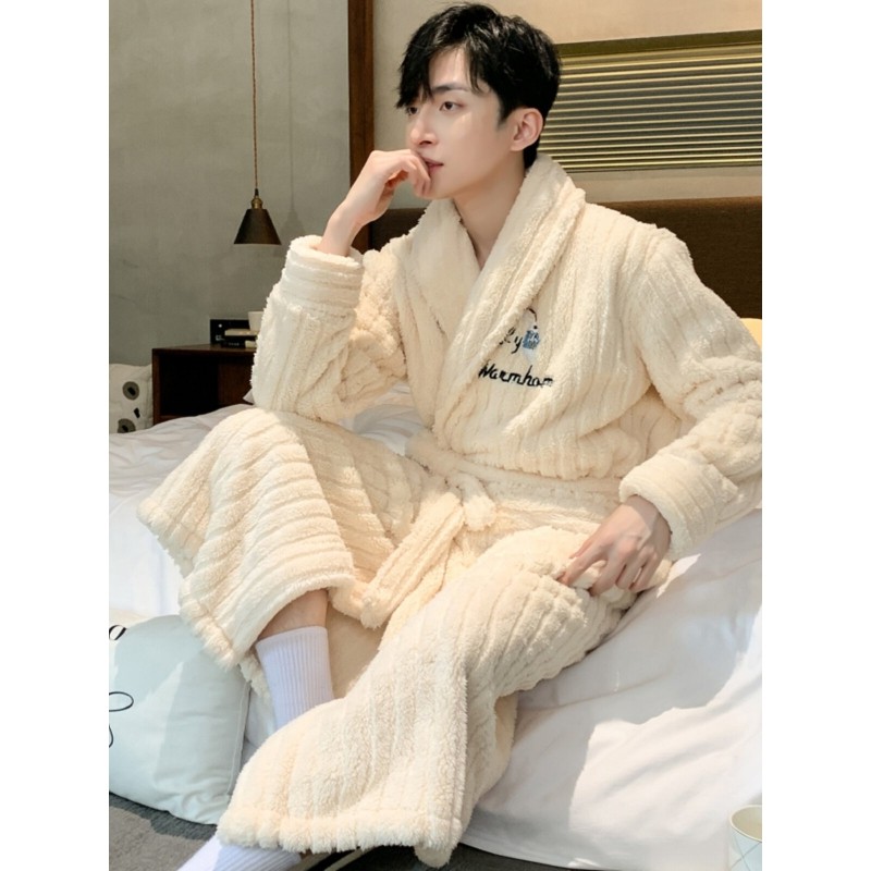 红豆睡衣男秋冬季珊瑚绒加厚加绒卡通睡袍长款浴袍可外穿冬天家居