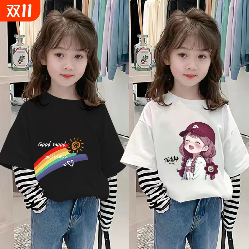 女童纯棉长袖T恤假两件上衣春秋装韩版卡通印花中大童秋衣打底衫