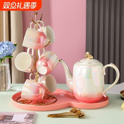 北欧风轻奢渐变高级感高颜值花茶壶冷水壶杯架杯子陶瓷水具套装