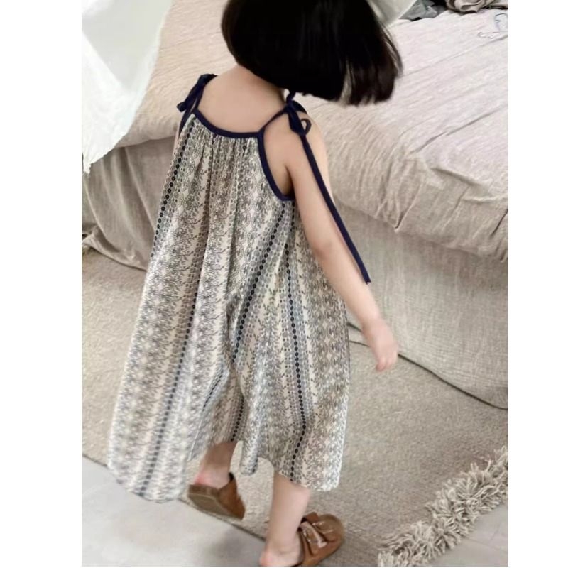 女童复古蓝色小花吊带裙