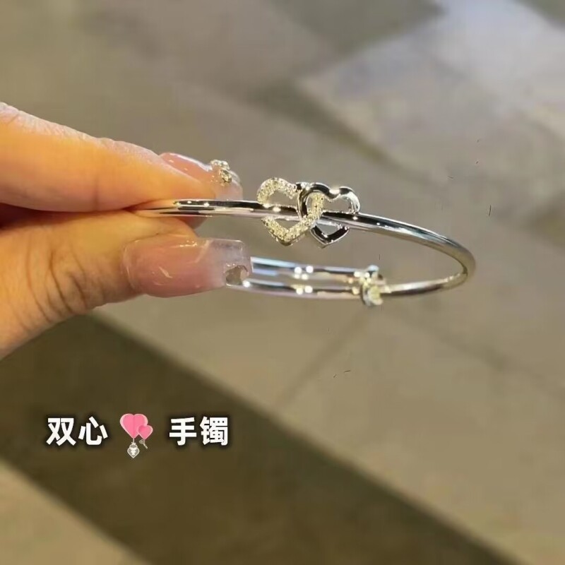 新款心心相印银色手镯女开口可调节送闺蜜手镯手环首饰生日礼物
