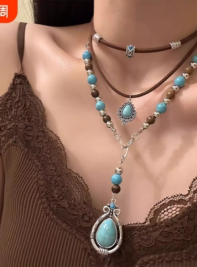 2025新款显眼松石波西米亚复古多层叠戴项链小众设计感锁骨链绿松