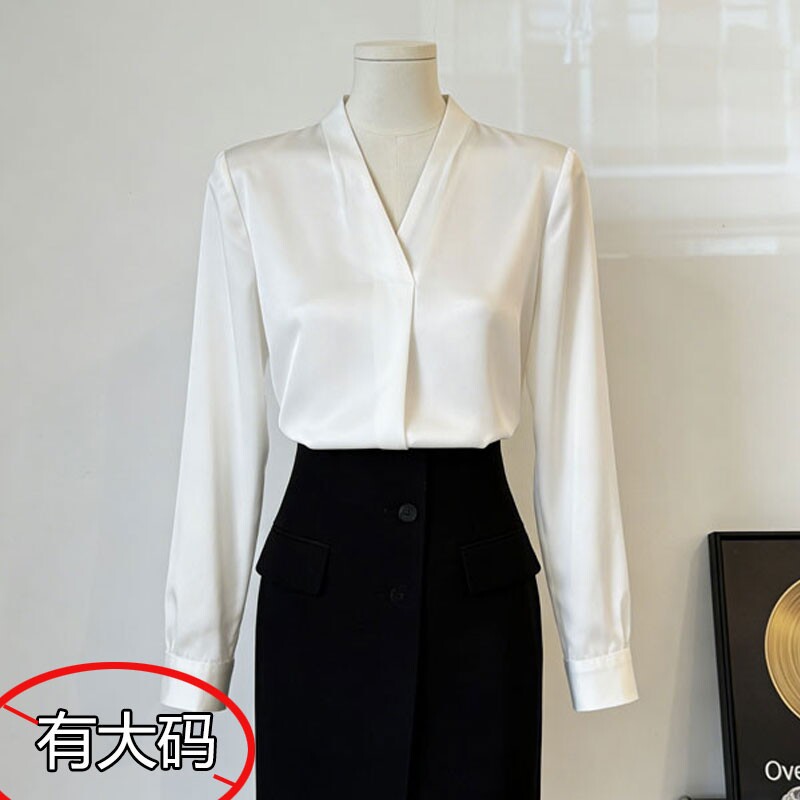 法式轻熟风白色V领长袖衬衫女春夏季高级感大码缎面短袖正装上衣