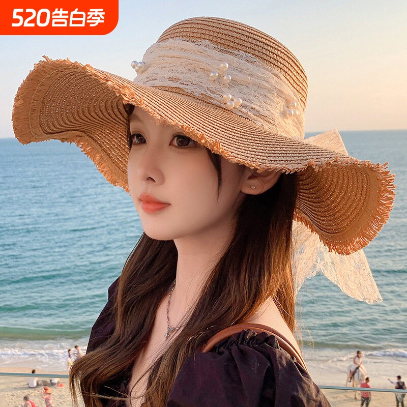 大檐草帽出游女英伦凉帽礼帽圆顶法式遮阳草编夏防太阳晒沙滩度假