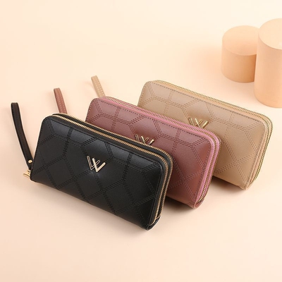 2025新款女士钱包长款钱包女生菱格双层拉链时尚百搭手拿包钱夹子