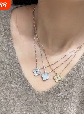 红色幸运四叶草项链女纯银镀18k金色锁骨链轻奢不易新款玛瑙贝壳
