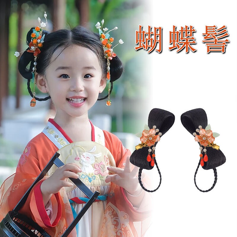 儿童汉服假发包古风造型蝴蝶结发髻汉服头饰古装女童舞台演出发饰