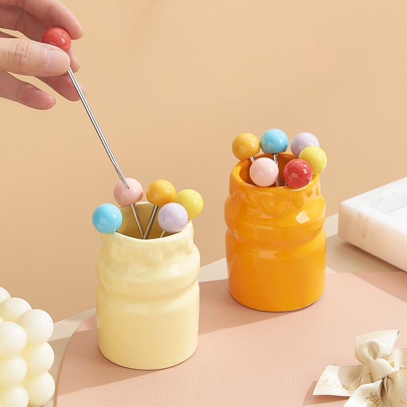 奶油风水果叉子套装陶瓷罐家用收纳可爱水果签下午茶蛋糕甜品叉