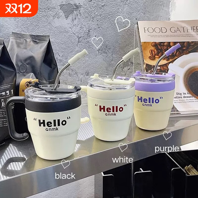 ins风高颜值不锈钢吸管玻璃杯办公室把手杯家用水杯咖啡杯