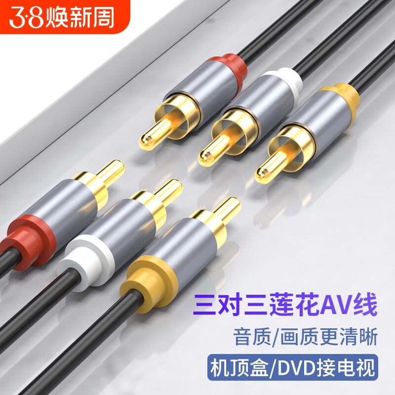三对三莲花AV线音频线dvd线机顶盒子老电视机信号连接红黄白三色插头视频线输出3对3加延长线功放接口