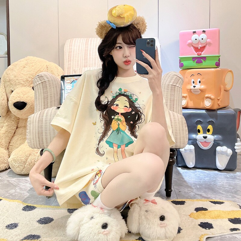 夏天睡衣女款棉绸短袖套装2026新款可爱女孩宽松时尚家居服可外穿