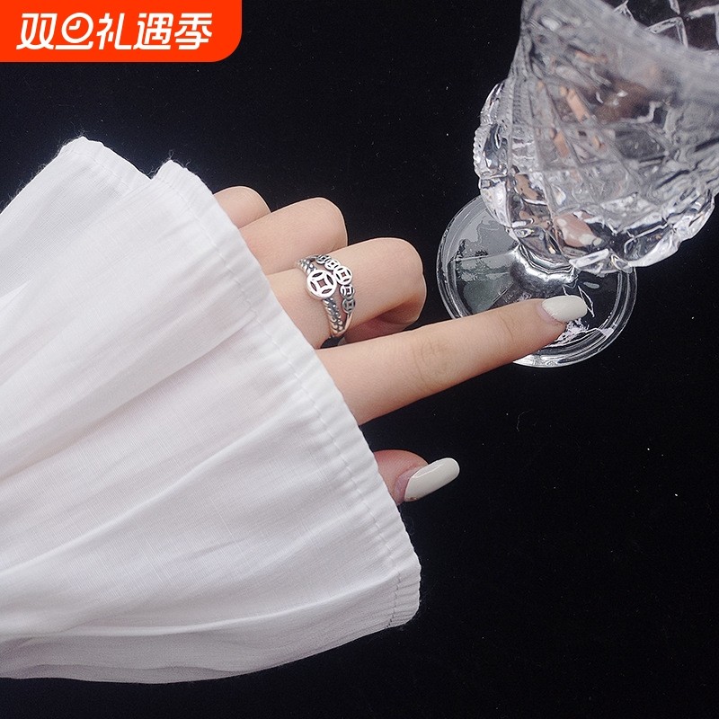 s925纯银双层钱币戒指国潮个性复古做旧泰银招财铜钱开口指环男女