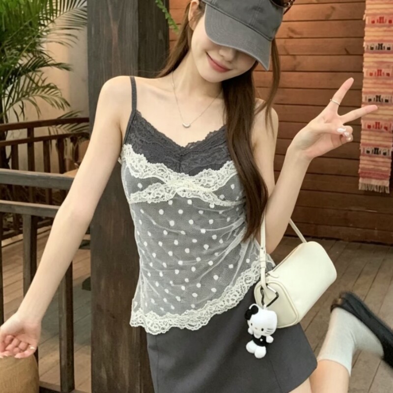 kumikumi设计感假两件撞色吊带背心女装夏季波点蕾丝花边无袖上衣图片
