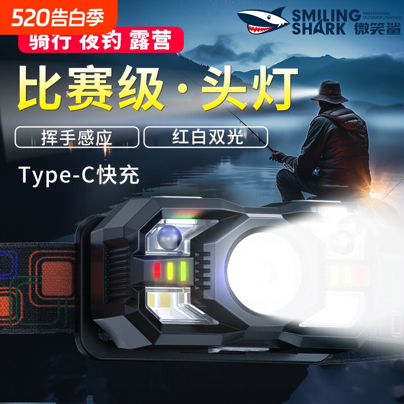 强光感应头灯夜钓鱼户外照明可充电超亮长续航头戴式便携小手电筒