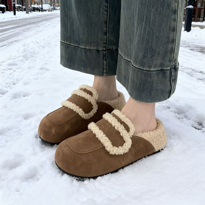 勃肯鞋包头拖鞋加绒毛毛拖鞋女2025新款秋冬外穿厚底一脚蹬棉拖鞋