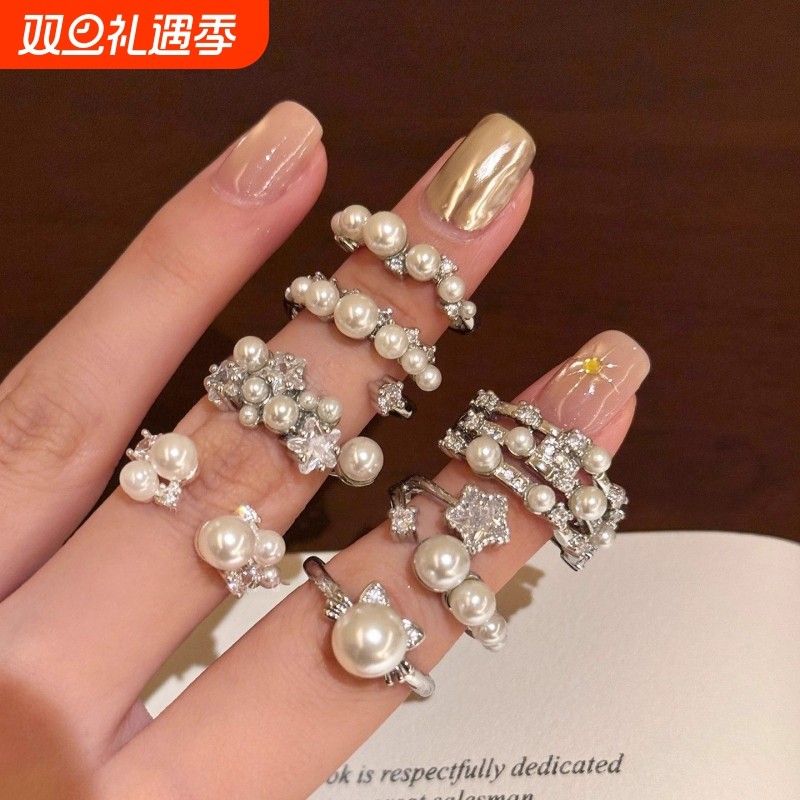 繁星珠芒法式巴洛克仿珍珠开口戒指女生叠戴食指戒轻奢高级感指环
