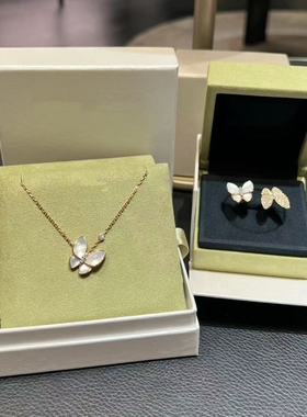 高定品质满钻蝴蝶项链绿松石蝴蝶项链耳钉戒指白贝母不过敏