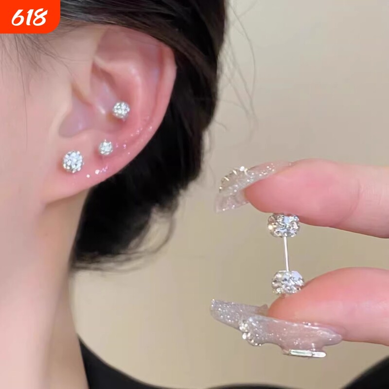 耳钉女养耳洞双球银耳钉小众高级感锆石耳骨蜗钉钻石耳环夏银耳饰