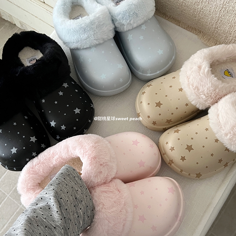 甜桃星球星星加绒棉拖鞋女款2025新款冬季外穿厚底厨师鞋毛毛拖鞋