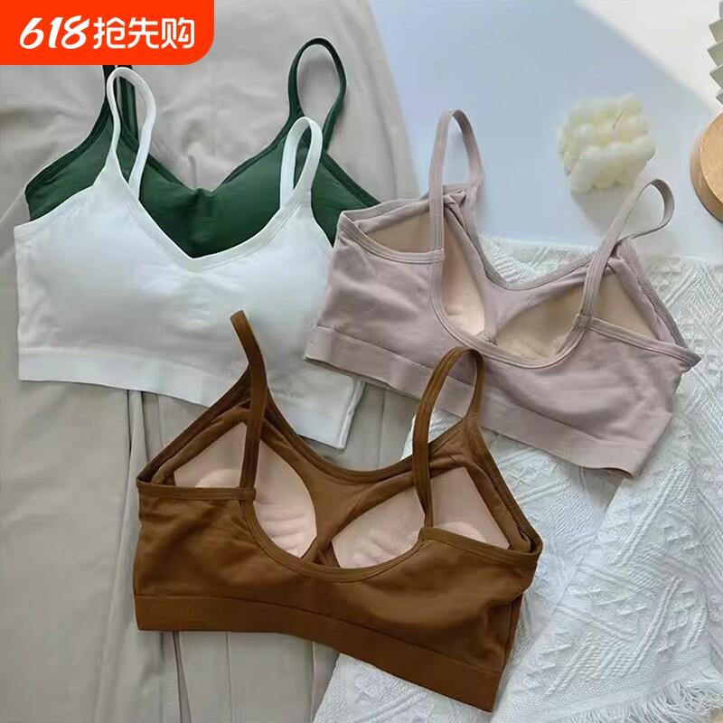 春夏季纯棉美背内衣女学生运动抹胸背心文胸肩带一体式聚拢白色