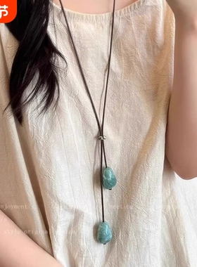 木质吊坠复古项链绳女款夏季绿色长款装饰毛衣链小众挂脖配饰七夕