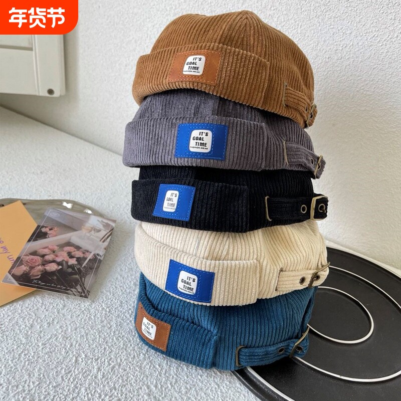 帽子男潮初秋复古灯芯绒地主帽韩版百搭瓜皮帽女日系文艺嘻哈帽