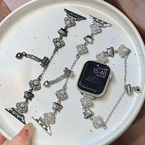 适用苹果手表AppleWatchS11/S10表带猫爪珍珠金属链式watch9/8/7/6/5高级感表带SE/UItra3/2/1精致时尚女