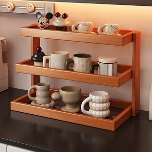 桌面杯架置物架多层餐桌台面茶杯架转角收纳杯子客厅办公室楠竹