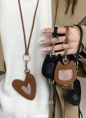 皮质爱心猫猫头小包零钱包钥匙项链挂饰女小众独特设计毛衣链配饰