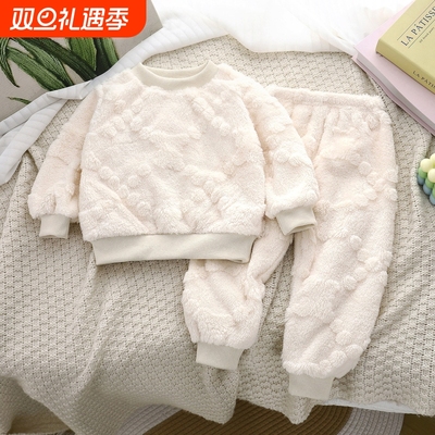 儿童保暖套装加绒加厚冬季新款男童睡衣女童家居服女孩AA61珊瑚绒